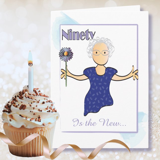 Söt Woman Fabulous 90:e Birthday Blue Flower Kort (Skapare uppladdad)