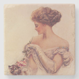 Söt Woman Holding a Kitten (av Harrison Fisher) Stenunderlägg