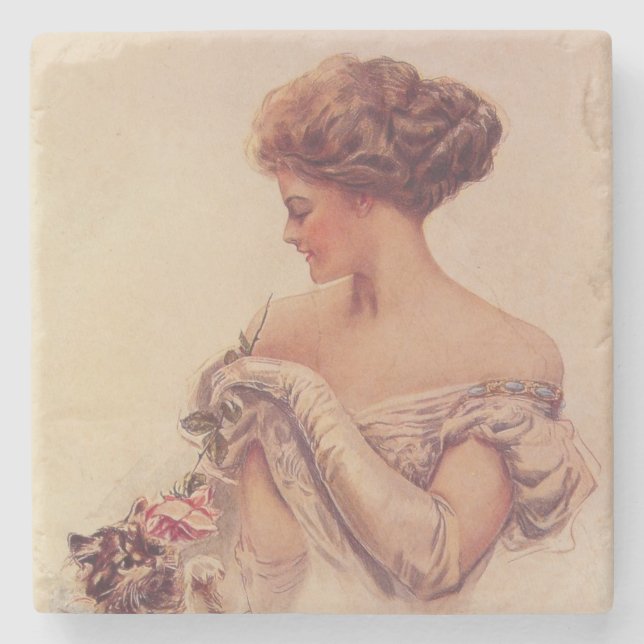 Söt Woman Holding a Kitten (av Harrison Fisher) Stenunderlägg (Framsidan)