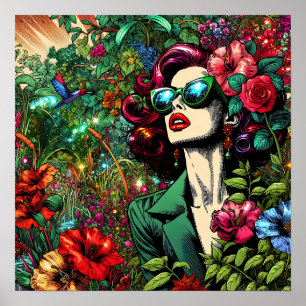 Söt Woman i Blomsterträdgård Poster