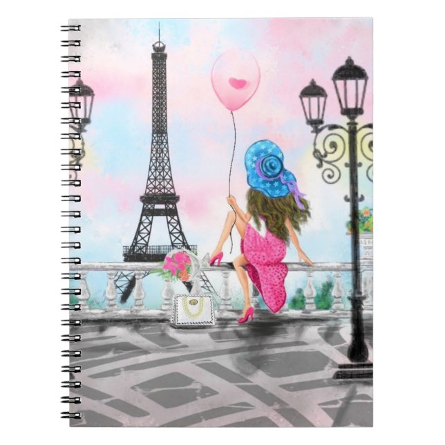 Söt Woman och Rosa Heart Balloon - I Kärlek Paris Anteckningsbok (Framsidan)