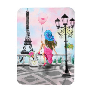 Söt Woman och Rosa Heart Balloon - I Kärlek Paris Magnet