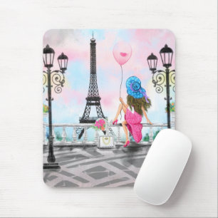 Söt Woman och Rosa Heart Balloon - I Kärlek Paris Musmatta
