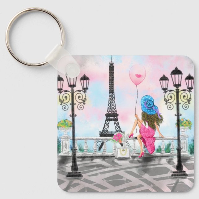 Söt Woman och Rosa Heart Balloon - I Kärlek Paris Nyckelring (Framsida)