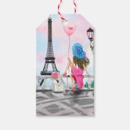 Söt Woman och Rosa Heart Balloon - I Kärlek Paris Presentetikett