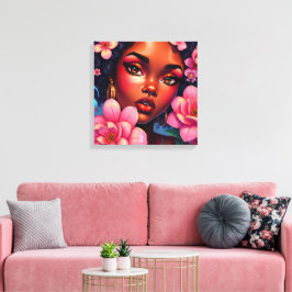 Söt Woman of Färg med Rosa Flowers Canvastryck