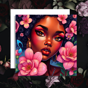 Söt Woman of Färg med Rosa Flowers Kort