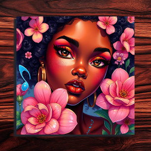 Söt Woman of Färg med Rosa Flowers Poster