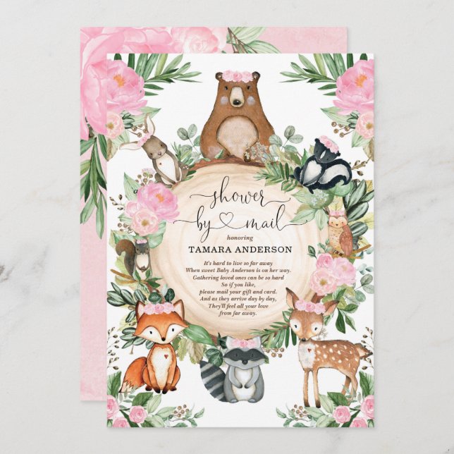 Söt Woodland Animals Girl Shower by Mail Inbjudningar (Fram/baksida)