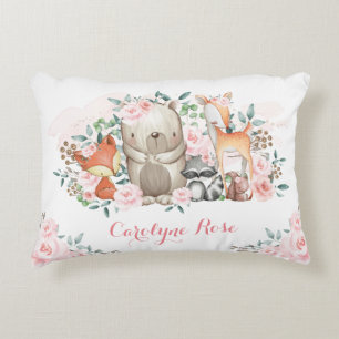 Söt Woodland Animals Rosa ros Girl Girl Nursery Prydnadskudde