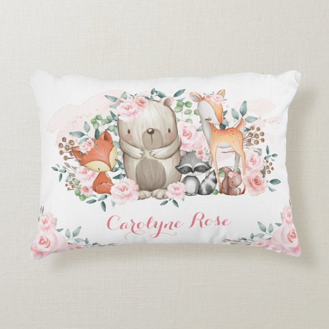 Söt Woodland Animals Rosa ros Girl Girl Nursery Prydnadskudde (Framsidan)