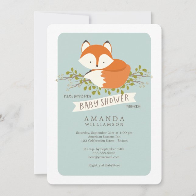 Söt Woodland Fox Baby Shower-inbjudan Inbjudningar (Framsida)
