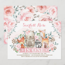 Söt Woodland Girl 1:a födelsedagen Soft Rosa Blomm Inbjudningar