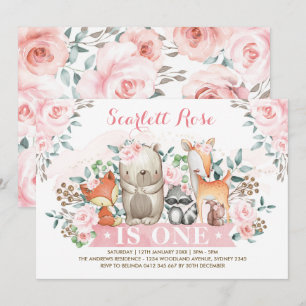 Söt Woodland Girl 1:a födelsedagen Soft Rosa Blomm Inbjudningar
