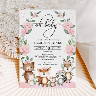 Söt Woodland Greenery Rosa Blommigt Baby Shower Inbjudningar