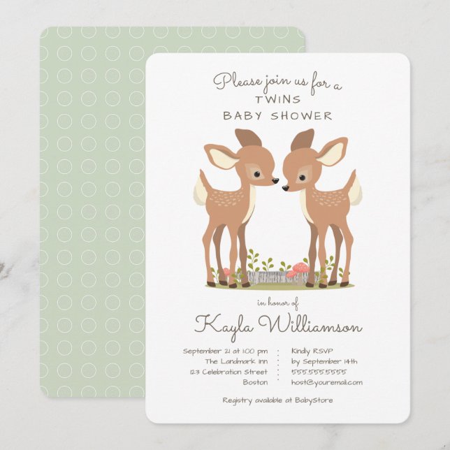 Söt Woodland Hjort Twin Baby Shower-inbjudan Inbjudningar (Fram/baksida)