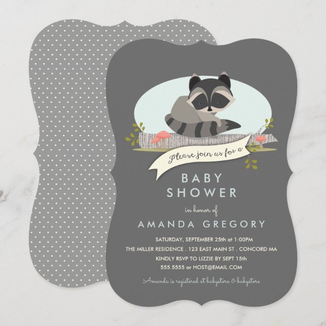 Söt Woodland Raccoon Baby Shower-inbjudan Inbjudningar (Fram/baksida)