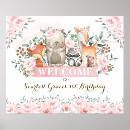 Söt Woodland Rosa Blommigt Birthday Välkommen Poster