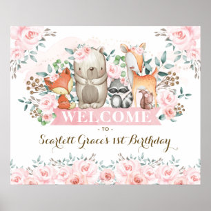 Söt Woodland Rosa Blommigt Birthday Välkommen Poster
