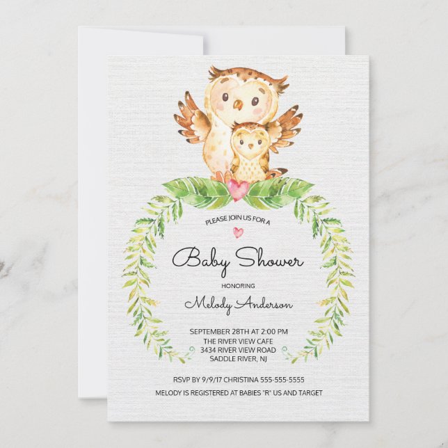 Söt Woodland Uggla Baby Shower-inbjudan Inbjudningar (Framsida)
