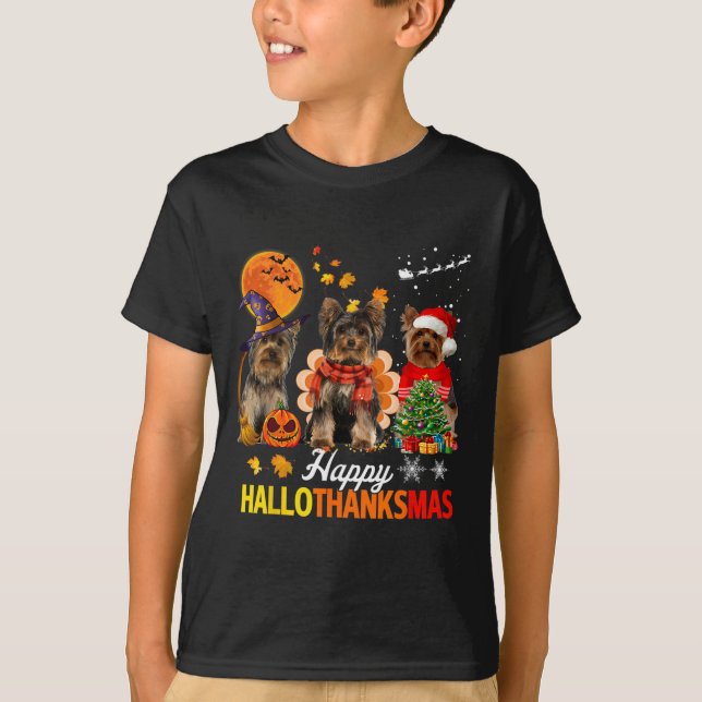 Söt Yorkie Glad Hallothanksmas Halloween Tacksägel T Shirt (Framsida)