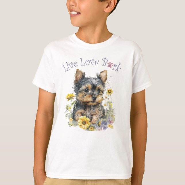 Söt Yorkie Hund Blommig T Shirt (Framsida)