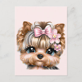 Söt Yorkie med rosa rosett Vykort