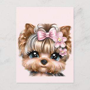 Söt Yorkie med rosa rosett Vykort