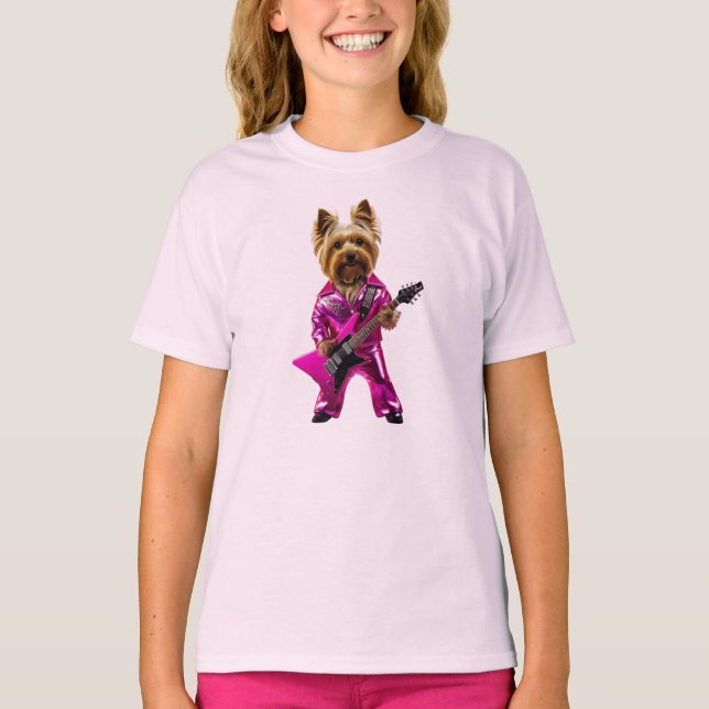 Söt Yorkie Rockstjärna Barn T-Shirt (Framsida)
