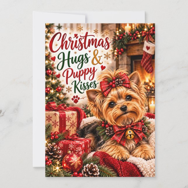 Söt Yorkshire Terrier Julhugger och valp Julkort (Framsida)