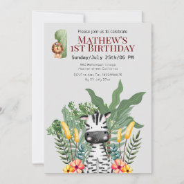 Söt zebra l Vilda djur l Safari 1:e födelsedag Inbjudningar