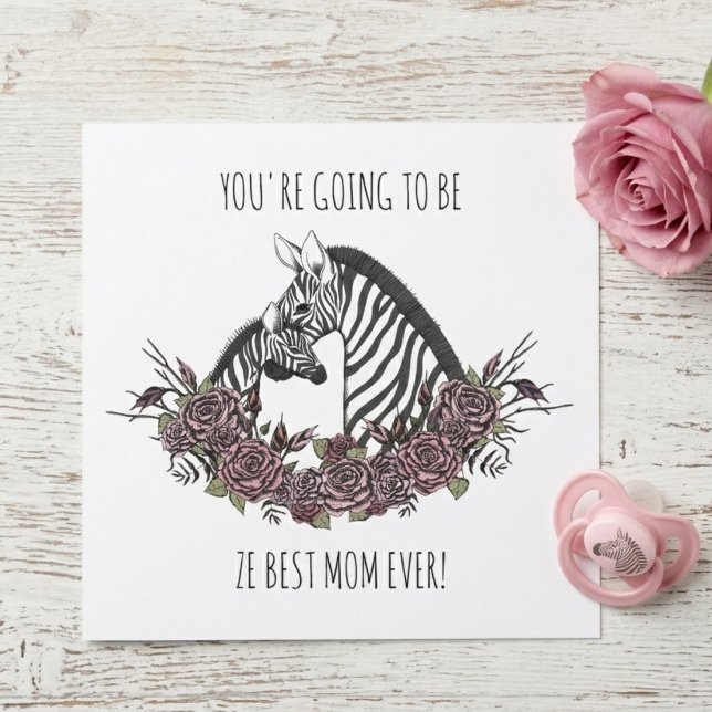 Söt zebra-mamma och unge Grattis till graviditeten Kort (Cute Wild Mommy & Baby Zebra, Pink Roses, Best Mom Ever Congratulations on your Pregnancy Card)