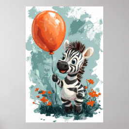 Söt zebra med orange ballong fantasifull illustrat poster