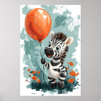 Söt zebra med orange ballong Whimsical Illustrat Poster