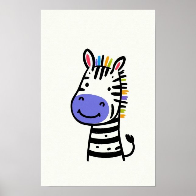 Söt zebra med regnbågshår barnrum poster (Framsidan)