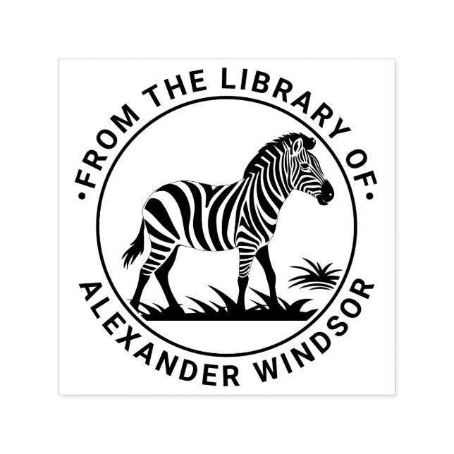 Söt zebra som står runt bibliotekets boknamn självfärgande stämpel (Design)