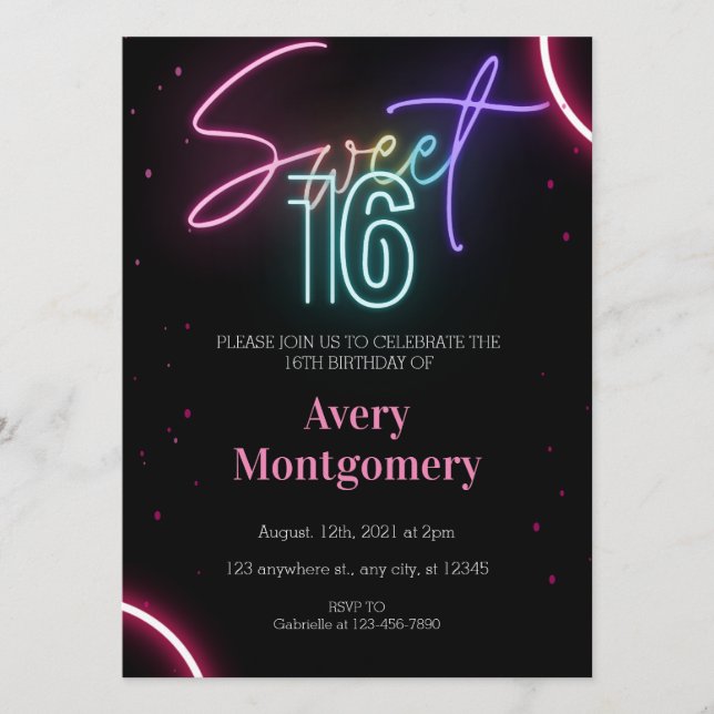 Söta 16-års glödande neon-födelsedagsinbjudan inbjudningar (Framsida)