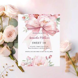 Söta 16-års inbjudan med rosa blommor och rosett
