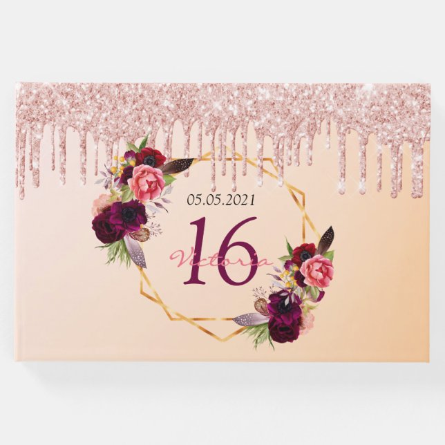 Söta 16-årsdag blommigtar geometriska glitter ro gästböcker (Framsida)
