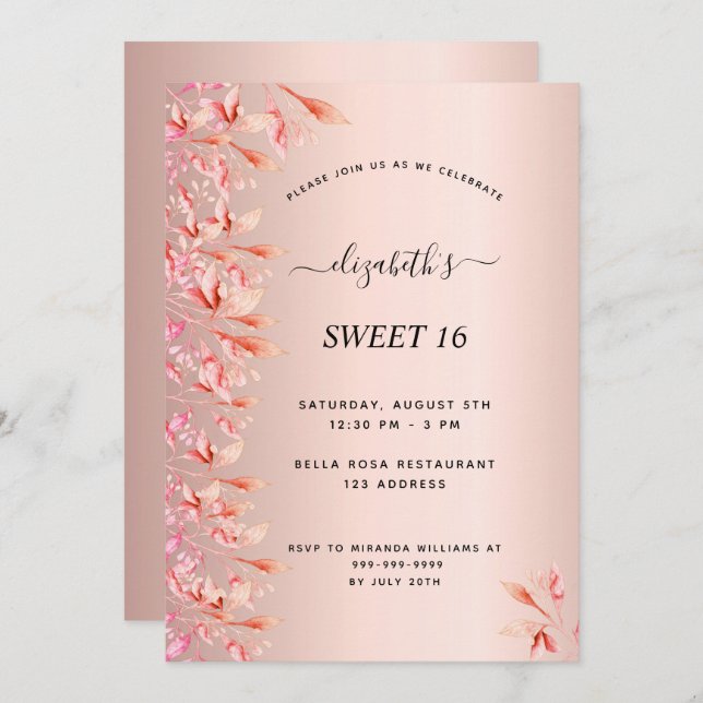 Söta 16-årsdagen ro guld rosa blommigt inbjudningar (Fram/baksida)