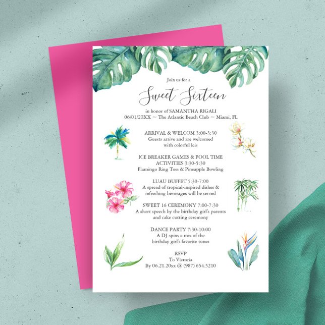 Söta 16 Bassäng Party-födelsedagsinbjudningar Spara Datumet (Sweet 16 birthday invitations tropical watercolor itinerary art by Victoria Grigaliunas DoTellABelle)