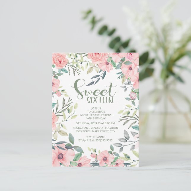 Söta 16 Blush Rosa Blommor Sage Gröna blad Vykort (Stående Fram)