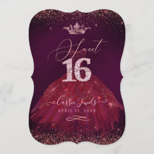 Söta 16 Burgundy Ro Guld Confetti Princess Inbjudningar