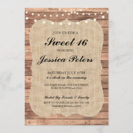 Söta 16 Burlap Ljus Rustic Wood-inbjudan Inbjudningar