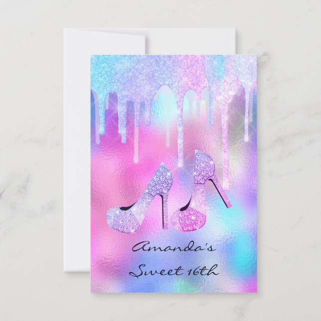 Söta 16:e 15:e Högklackarna Holografisk Rosa Inbjudningar (Baksida)