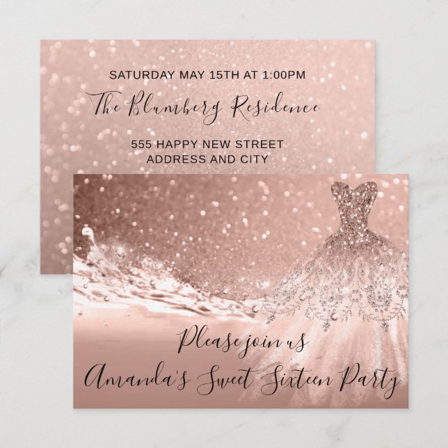 Söta 16:e Party-Ro-Glitter-havsbottnen i Guld Inbjudningar (Fram/baksida)