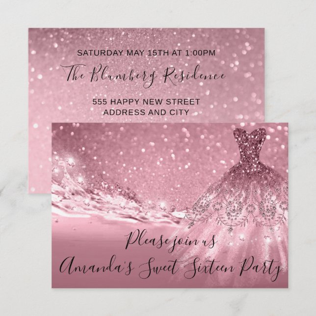 Söta 16:e Party-Ro-Rosan-Glitter-oceanen Inbjudningar (Fram/baksida)