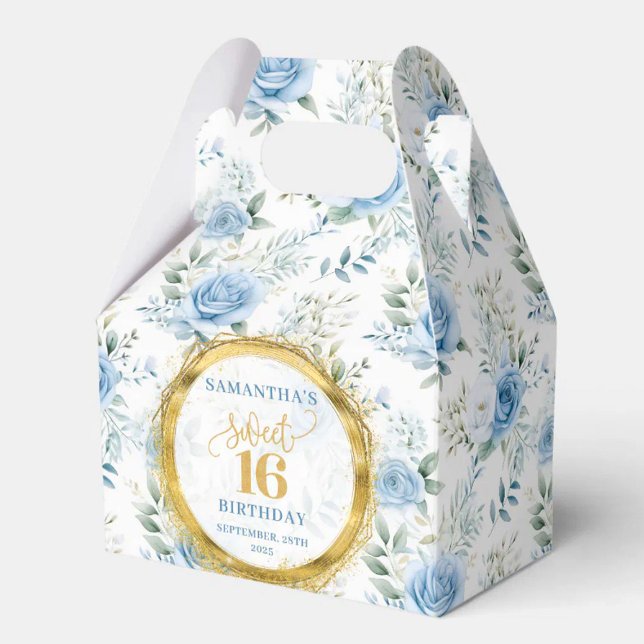 Söta 16-favoritrutor Dusty Blue Blommigt Guld Spar Presentaskar (Sweet 16 Favor Box Dusty Blue Floral Gold Sparkles)