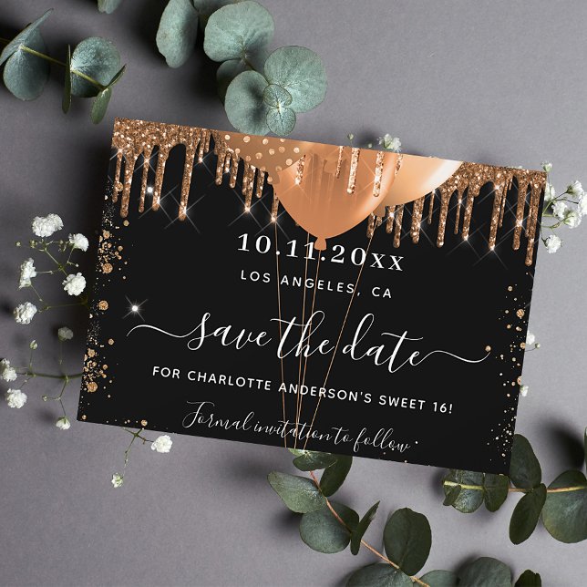 Söta 16-fest black gold ballonger spara datum meddelande vykort (Skapare uppladdad)