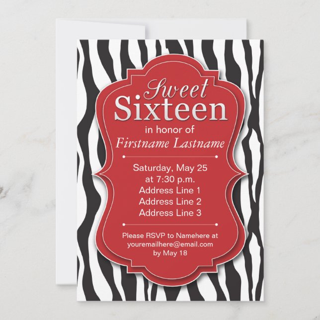 Söta 16 födelsedaginbjudningar för röd zebra tryck inbjudningar (Framsida)